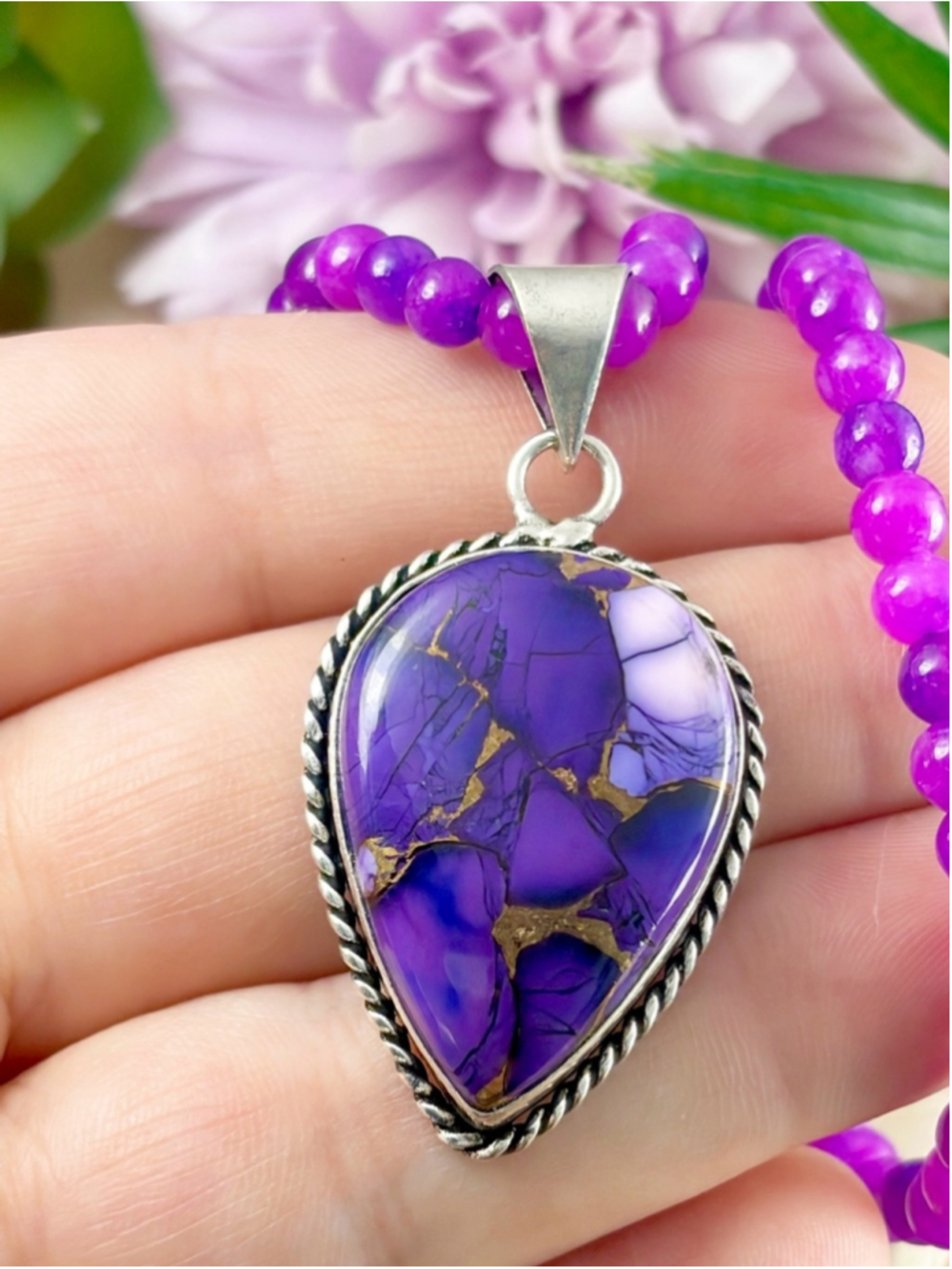 Genuine Purple Copper Turquoise Pendant Necklace Sterling Silver 925 Overlay New